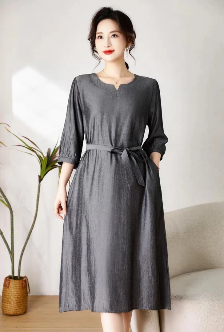 【时装高定款】灰色气质气质修身时尚休闲夏季高端大码妈妈装连衣裙