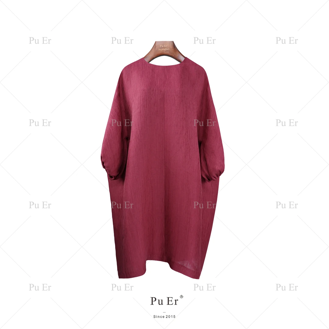 璞迩枣红色七分袖丝麻连衣裙