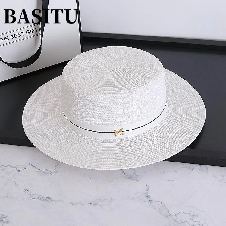 英伦风白色平顶礼帽女度假沙滩帽防晒太阳帽creasiandesign鸭舌帽