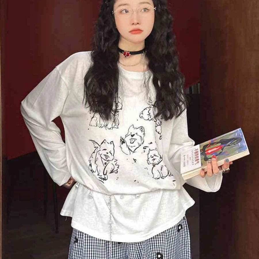 美式辣妹慵懒复古狗狗印花微透防晒长袖T恤女夏宽松百搭舒适罩衫