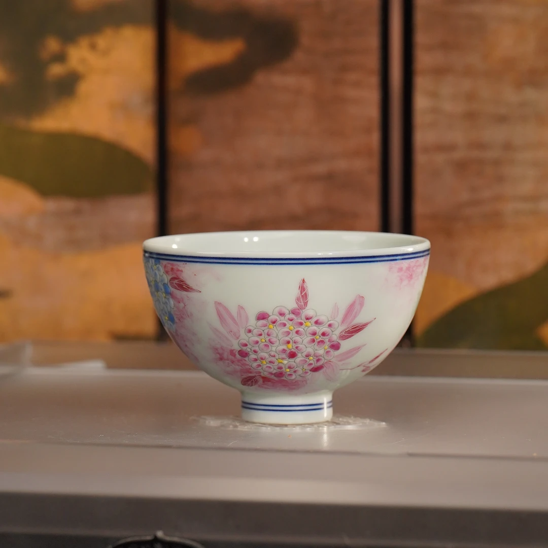 立勤堂粉彩绣球花鸡心杯 容量60cc  景德镇陶瓷