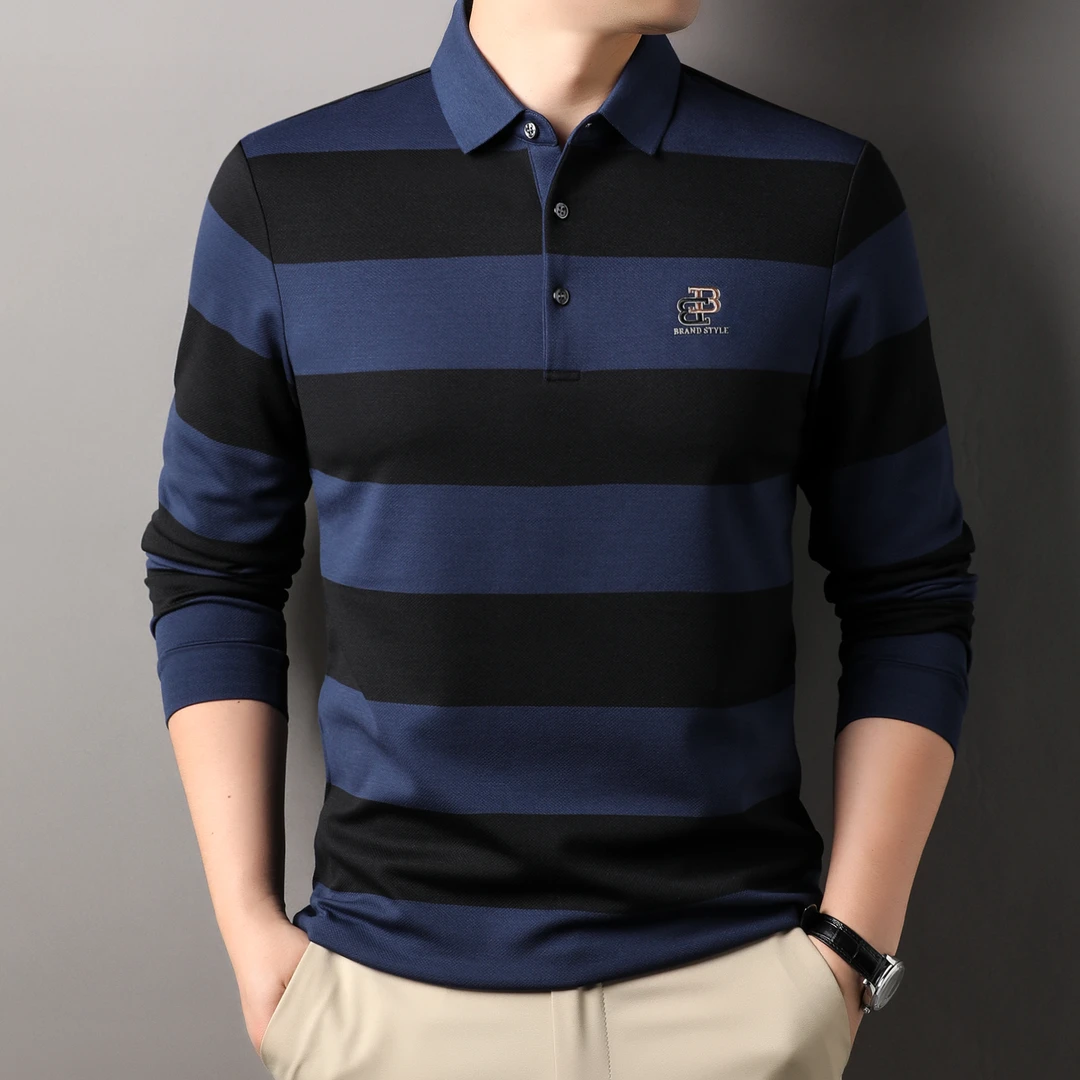 【专柜正品】欧洲轻奢春秋季高档条纹男POLO衫百搭商务中年翻领上衣