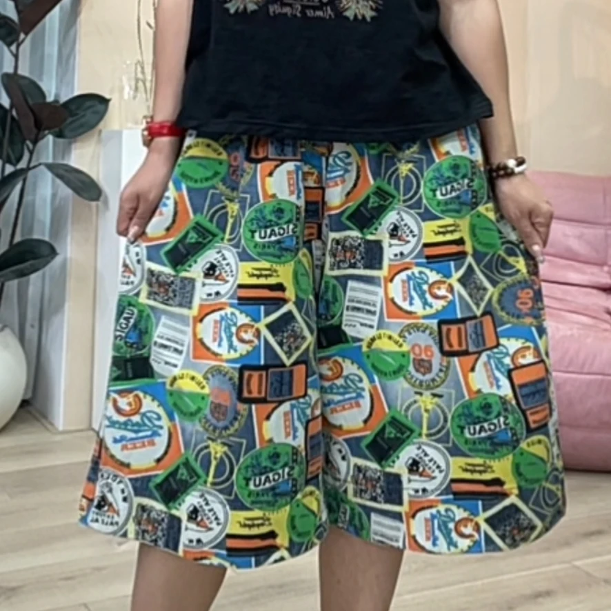 563牛仔印花绿色大版六分中裤女