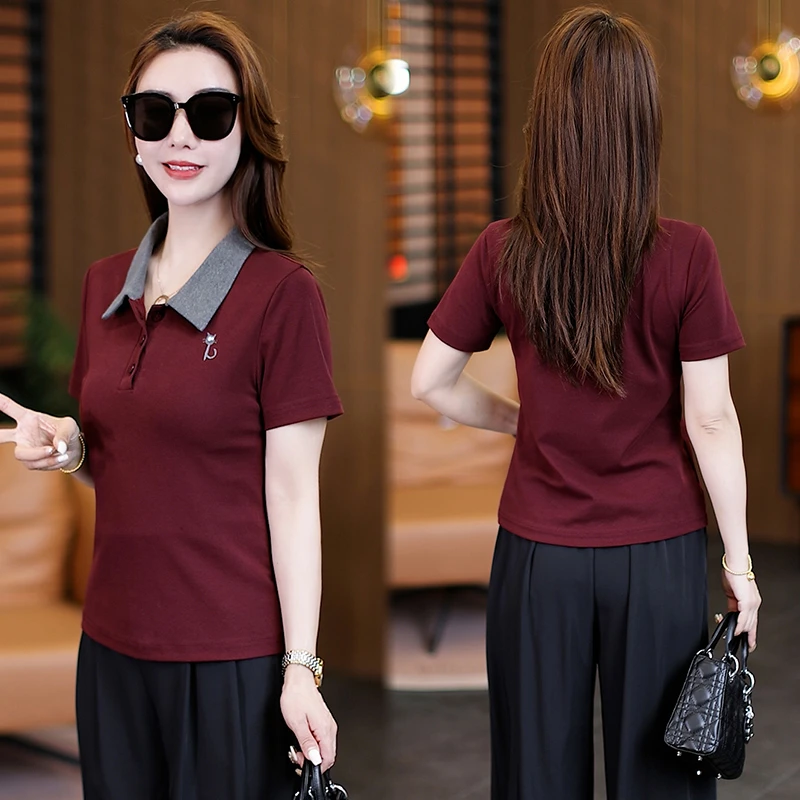 【送运费险】T恤女洋气方领常规翻领休闲大码短袖刺绣显瘦气质时尚