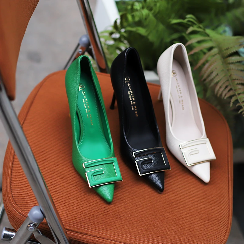 绿色细跟女气质女神范尖头百搭春秋季新款浅口单鞋性感高跟鞋786