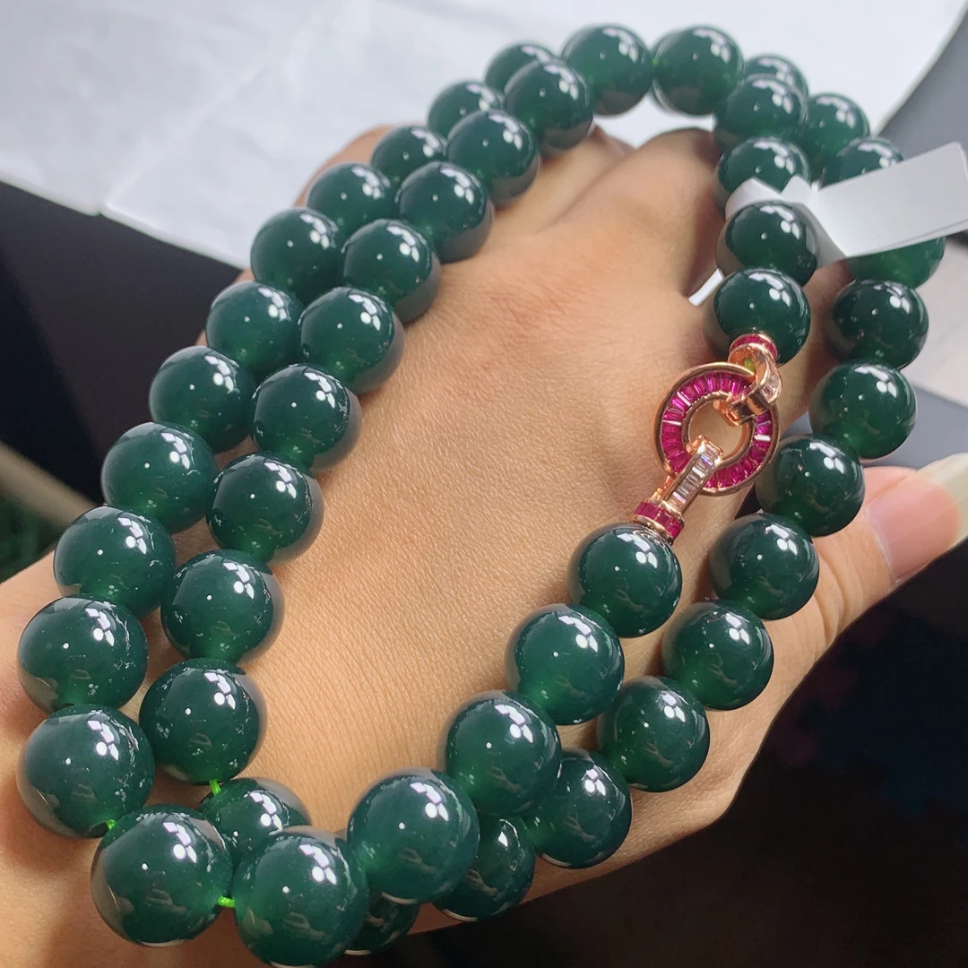 天然翡翠A货冰润蓝水蓝色超大颗圆珠项链珠链卡12.8mm玉石珠子