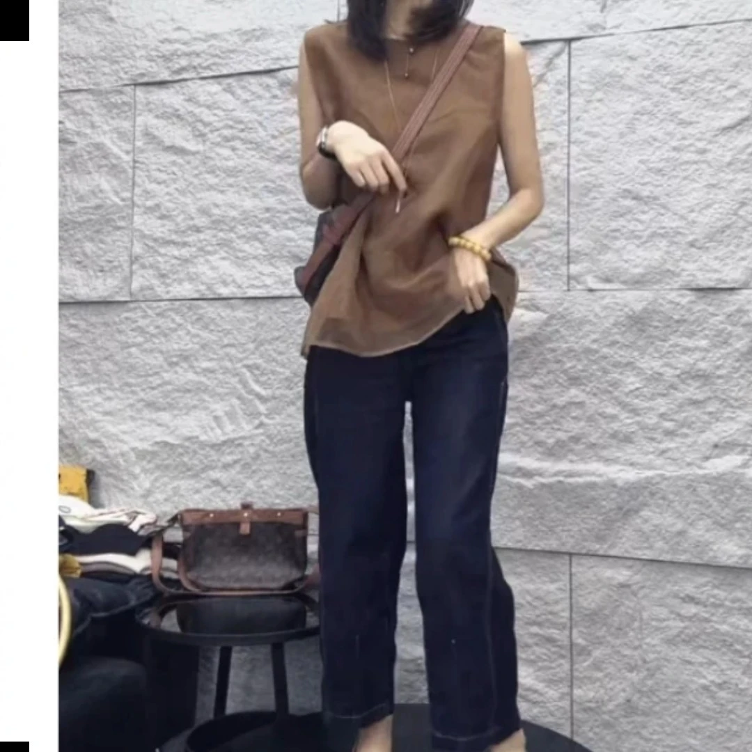 新款简约百搭休闲气质洋气女装夏季宽松上衣女款深咖色无袖时尚