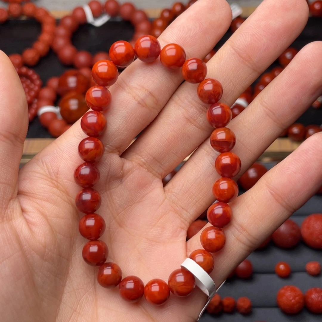 南红玛瑙未镶嵌手串H8.3mm毕业收藏满肉妖孽牛血火焰手串