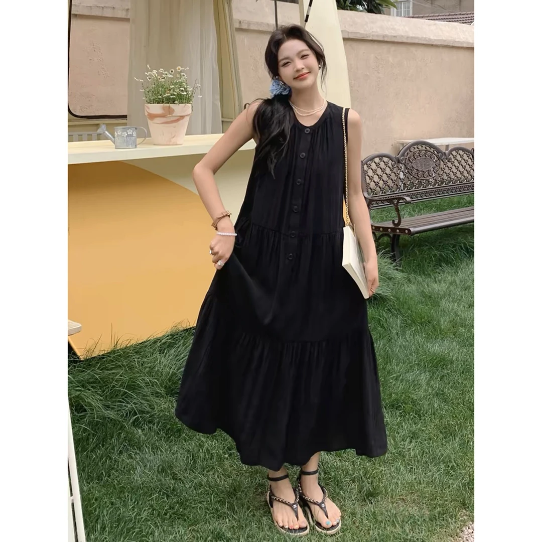 黑色无袖背心连衣裙2025新款女夏季法式高级感休闲显瘦赫本风长裙