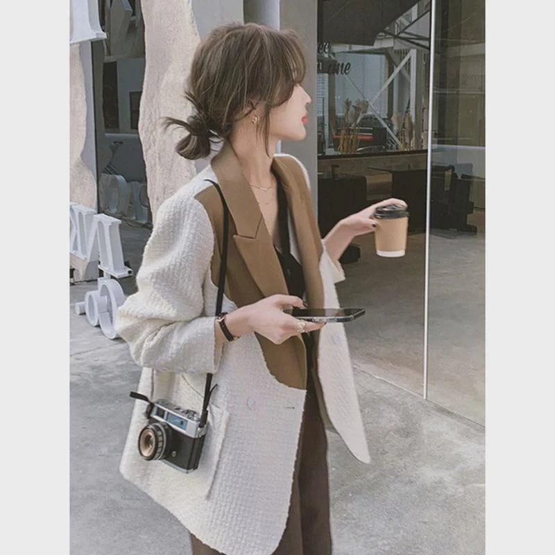 胖MM2-300斤高级感气质小西装外套女大码春秋季宽松拼色休闲西服2