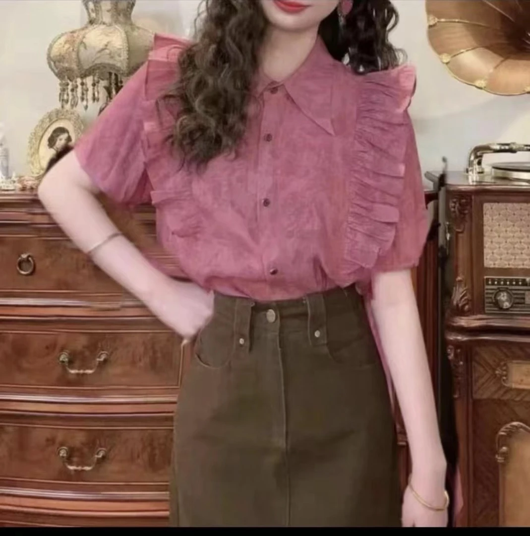 NUNBAI春夏新款港风复古水印花卉荷叶边气质百搭洋气轻薄短袖衬衫