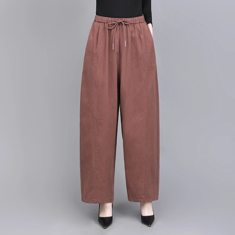 简约大气显瘦休闲裤女2025纯棉松紧高腰时尚宽松大码九分哈伦裤