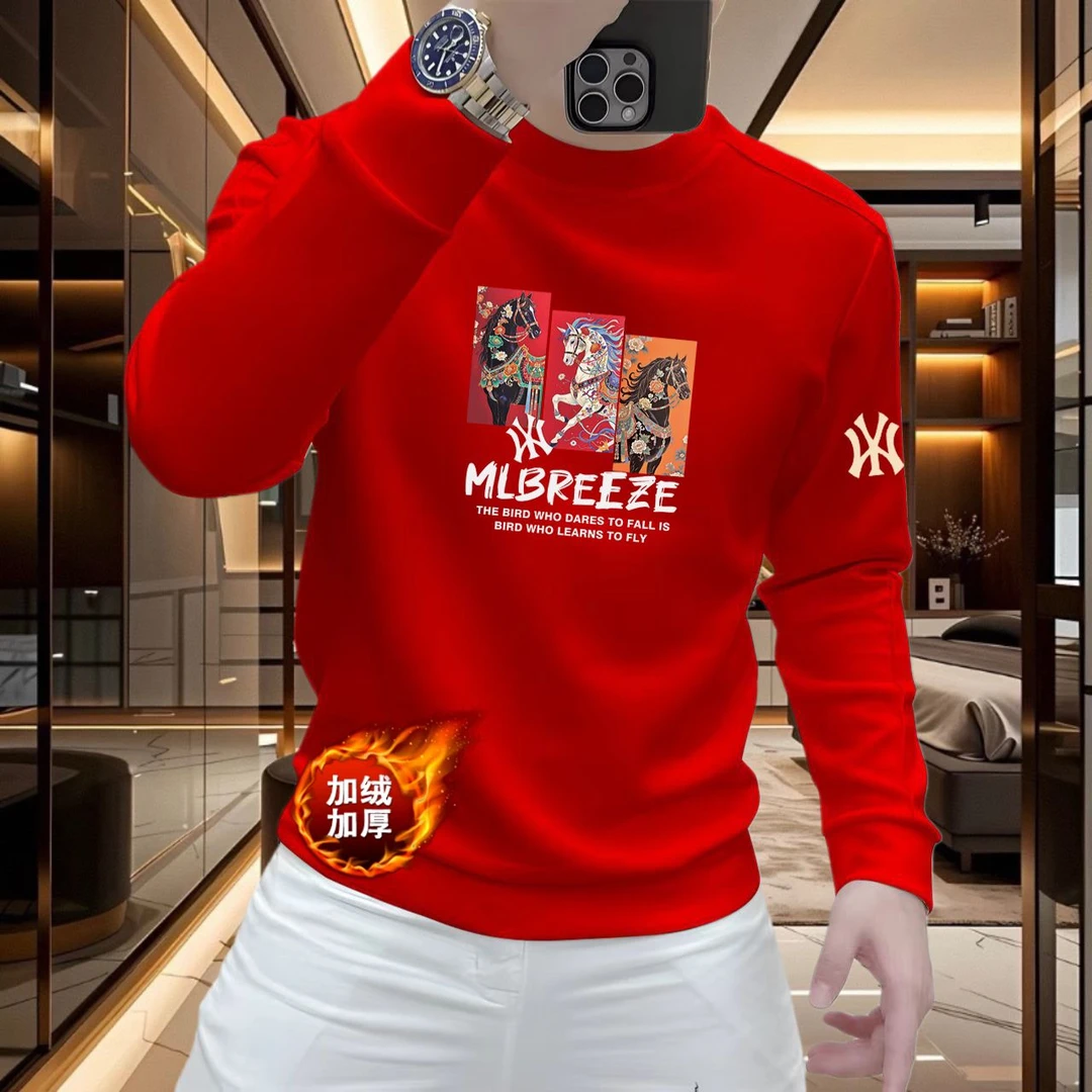 2026马年秋冬新春款长袖加绒卫衣男休闲时尚百搭潮流圆领套头上衣