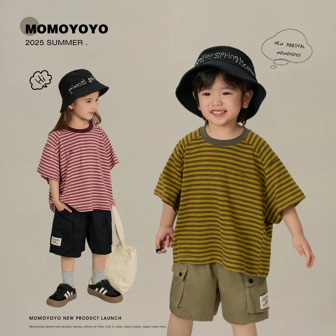 【灵感条纹】夏季女童洋气t恤儿童宽松男童条纹拼接T恤 7941X