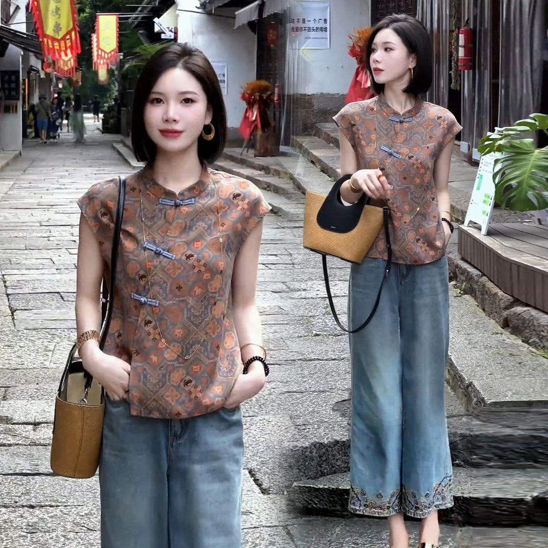 新中式国风衬衫女2025夏季新款时尚设计感盘扣印花短袖立领上衣潮