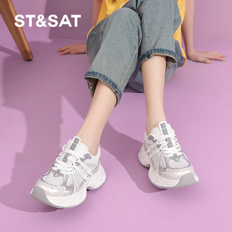 星期六夏季女款网面老爹鞋新款轻便厚底透气百搭复古运动休闲女鞋