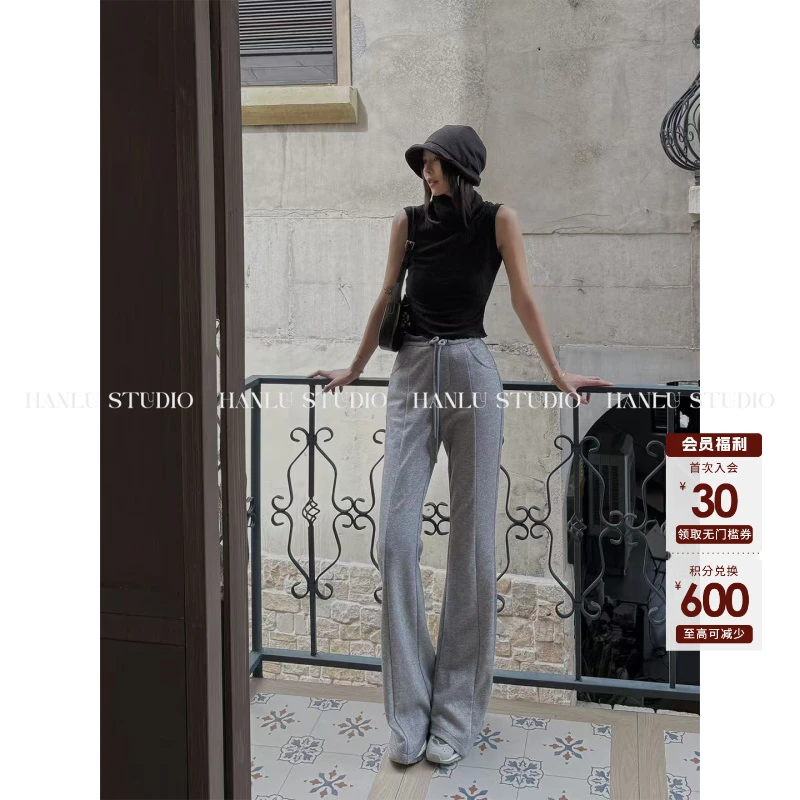 HANLU STUDIO小众慵懒休闲纯欲高腰羊毛微喇裤灰色长裤