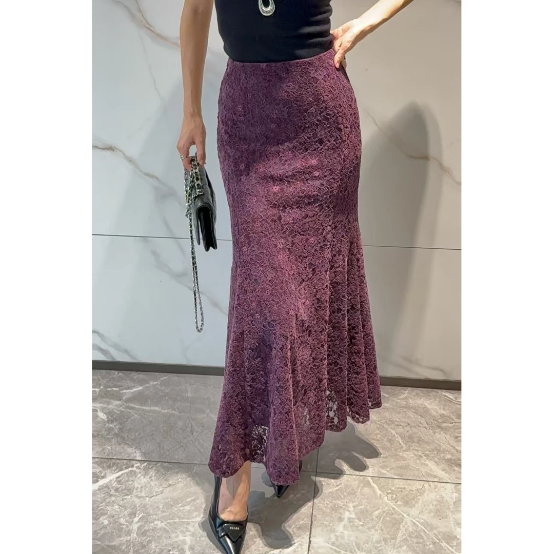 KIKI严选：90286-YER家欧货南油秋季重工雪尼尔蕾丝鱼尾裙半身裙