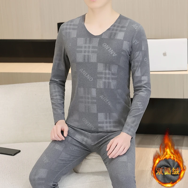 青仓/秋冬保暖套装男秋衣秋裤方格一整套双面绒V领压花保暖无痕