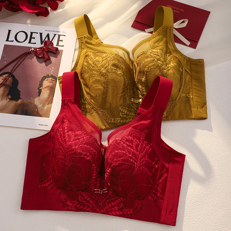 本命年红色蕾丝内衣女大胸显小薄款收副乳防下垂软钢圈结婚文胸罩