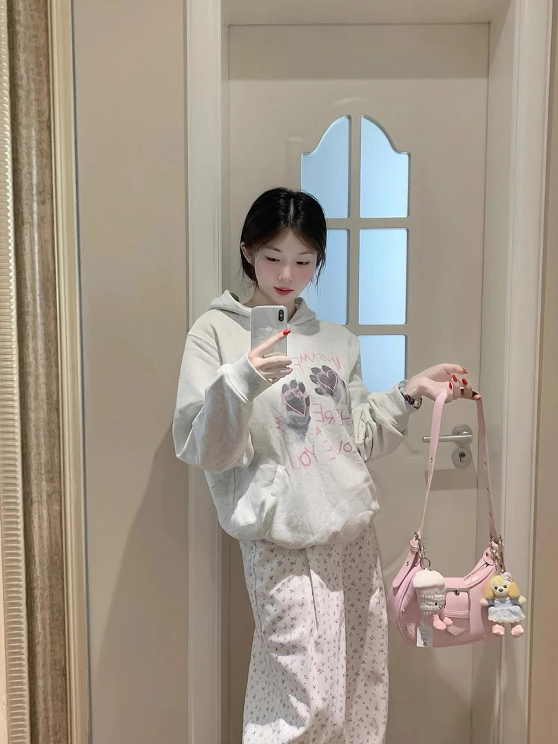 美式甜美可爱字母印花连帽卫衣女秋冬慵懒风软糯宽松休闲帽衫外套