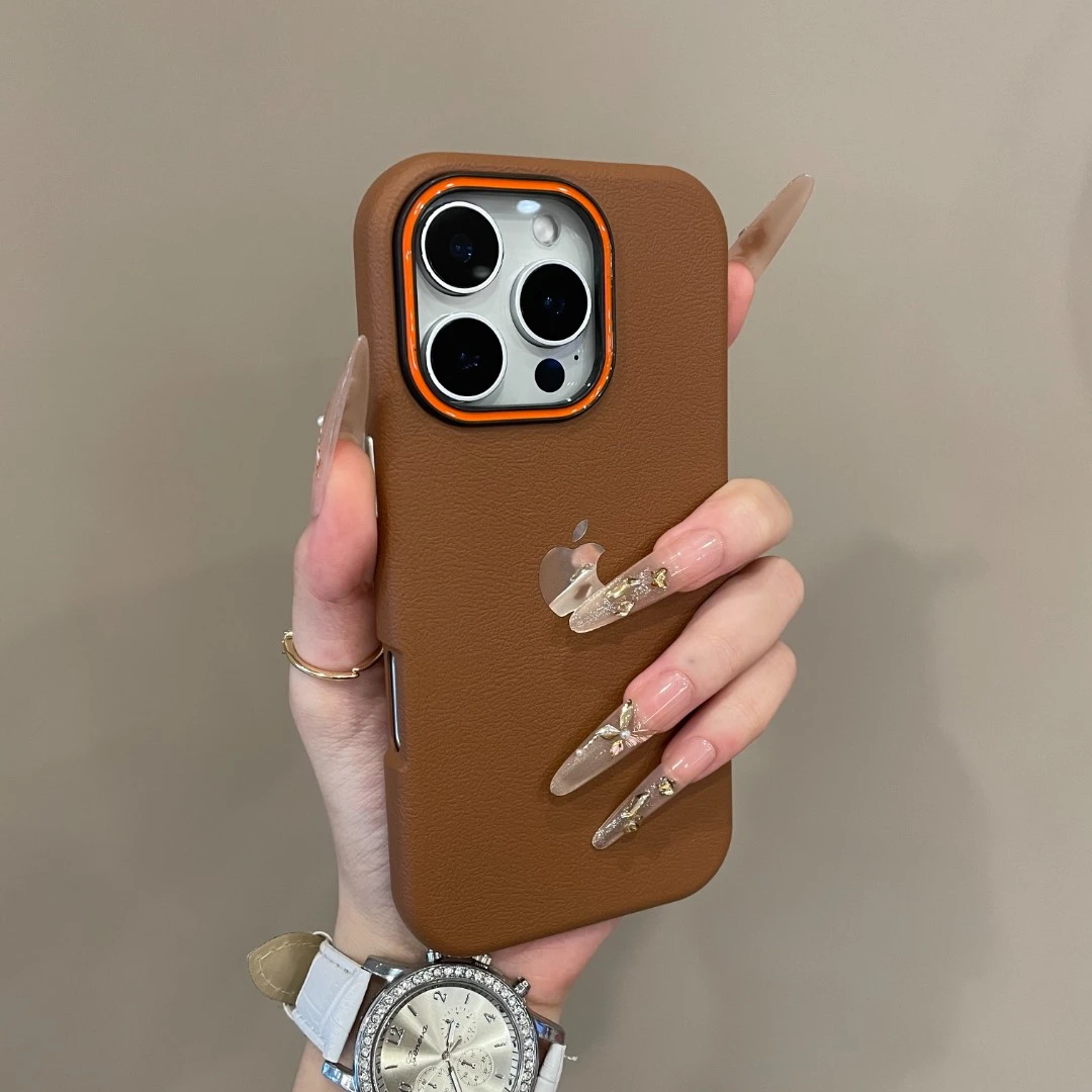 高级感撞色镜框纯色荔枝纹适用iPhone17手机壳16pm新15防摔14pro