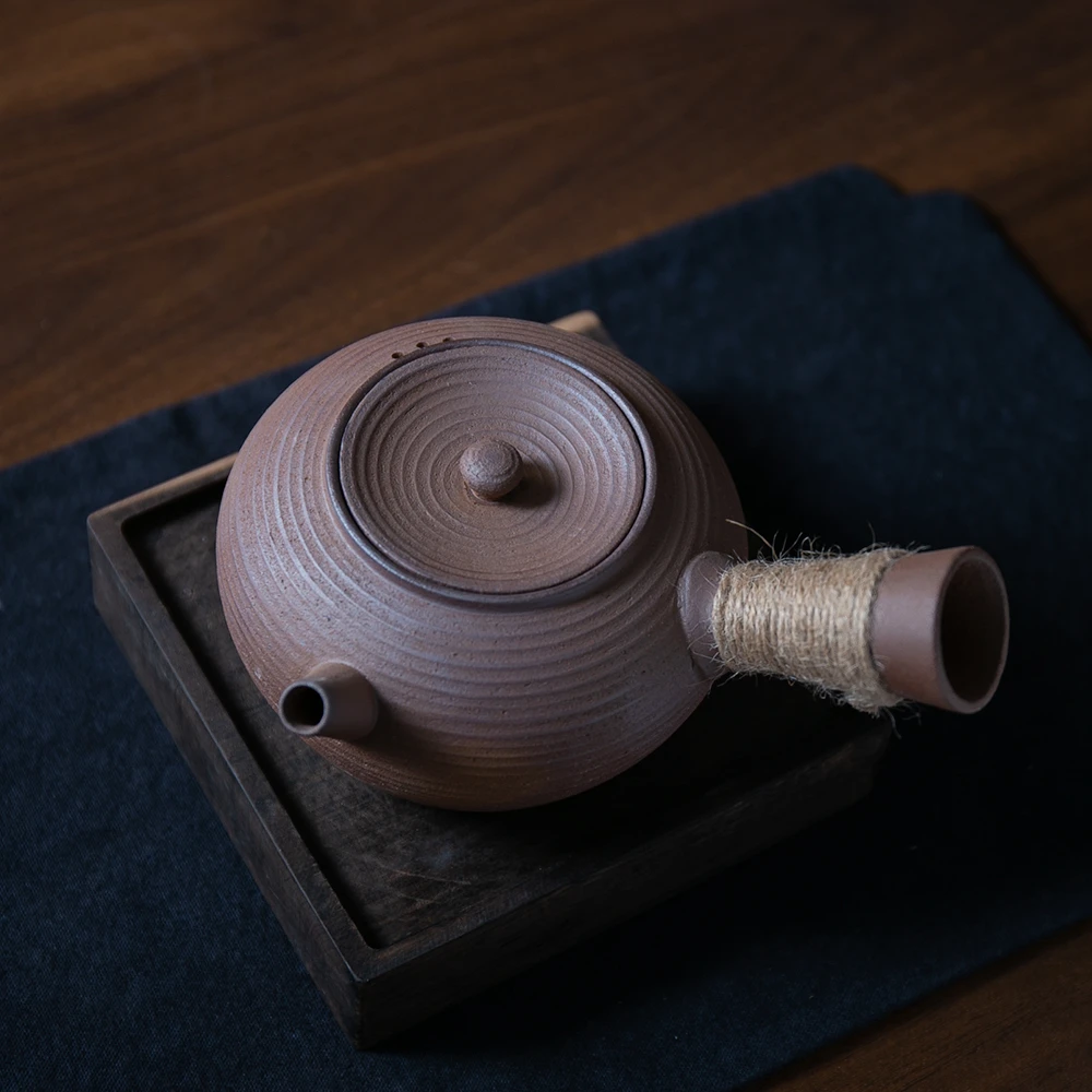 【老岩泥】粗陶盛夏侧把壶(电陶炉).1316.粗陶老岩泥中式茶壶泡茶器