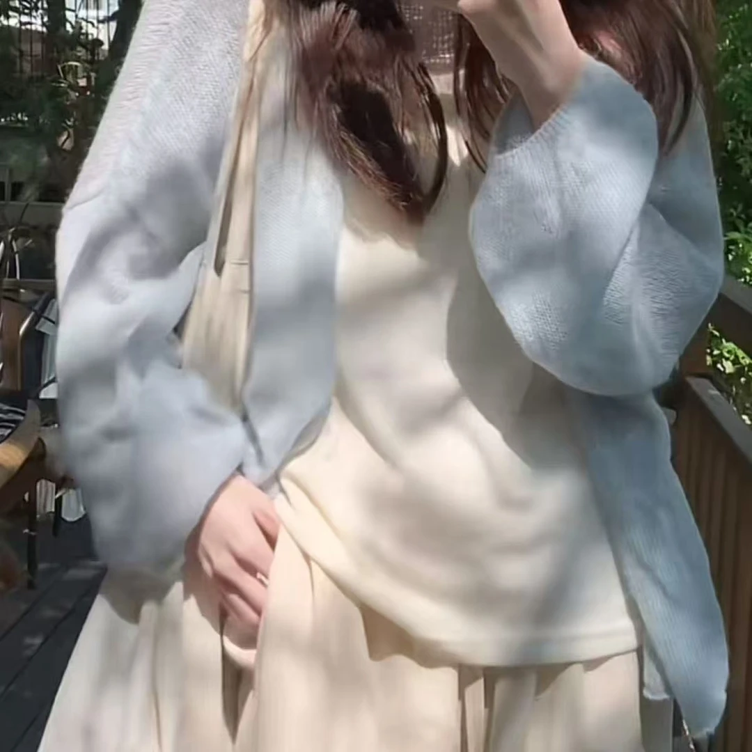 蓝色慵懒风灯笼袖针织薄款防晒开衫女春夏新款松弛显瘦宽松上衣女