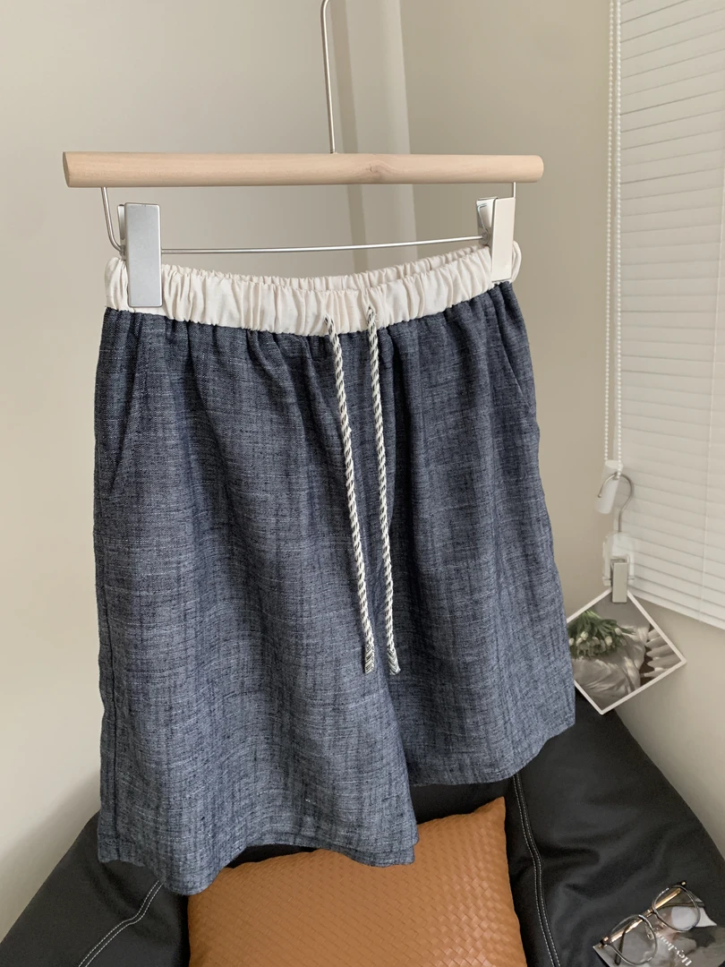 【素描】简约韩版品质夏季洋气高腰显瘦百搭松紧腰麻感ins短裤