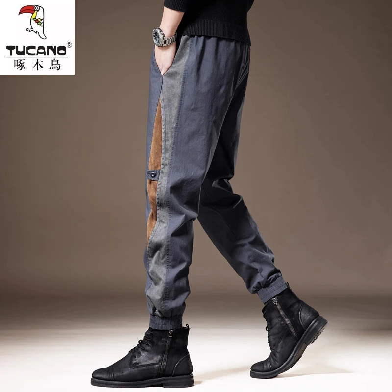 高端美式潮牌束脚工装裤子男春秋新款宽松大码束脚撞色男士休闲裤