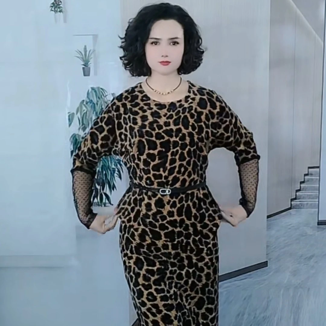 豹纹印花高领丝绒连衣裙法式小香风宴会裙