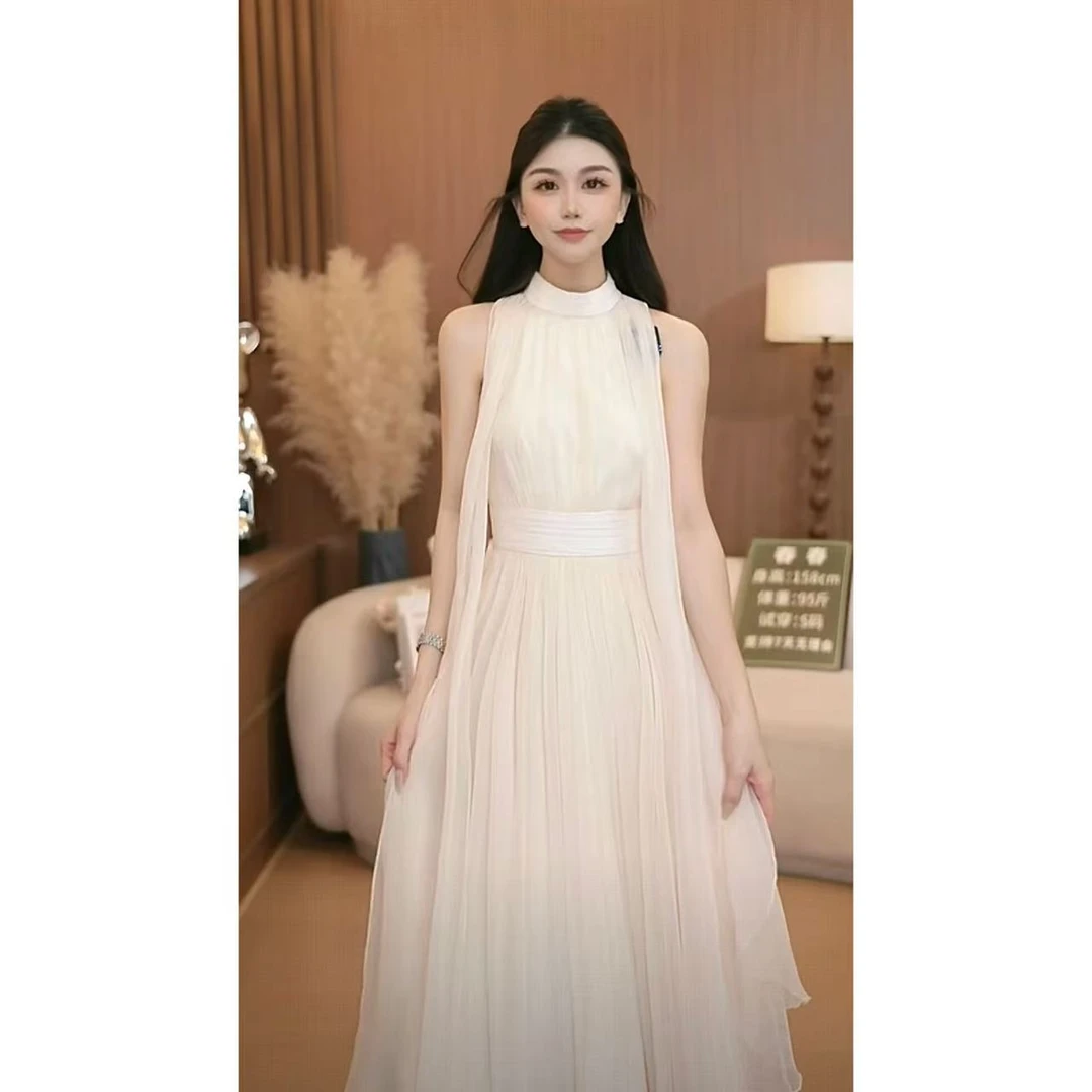 月光女神 法式气质飘带无袖挂脖收腰连衣裙高级感度假长裙夏