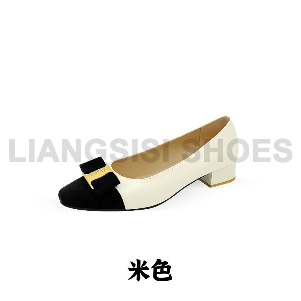 秋季舒适拼接低跟方扣常规方根高跟鞋时尚女士休闲风单鞋-A1899