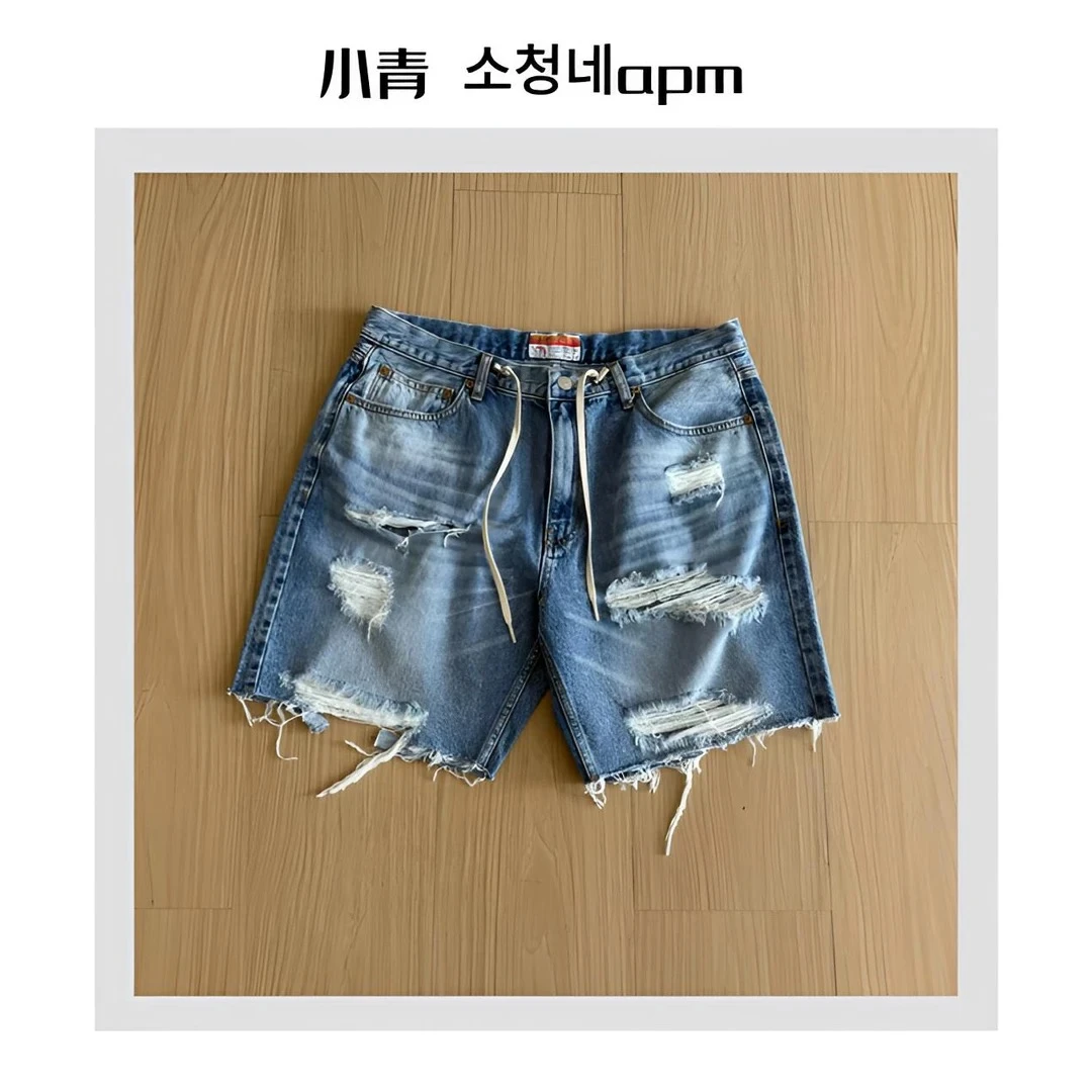 韩国东大门 公鸡/破洞做旧系绳牛仔短裤