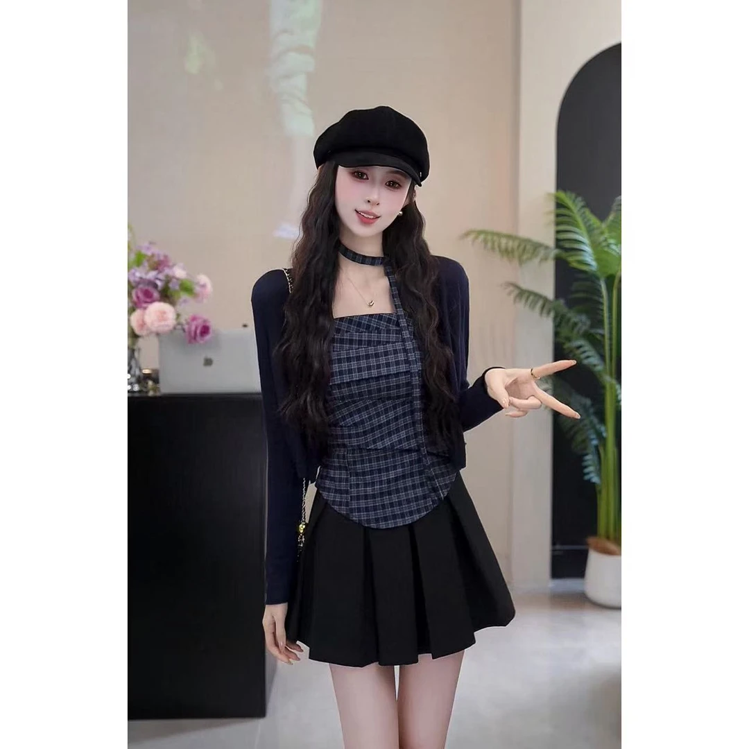 YUANLIANSU/圆脸酥【桑榆暮北】飘带+格纹吊带+针织衫三件套女秋季