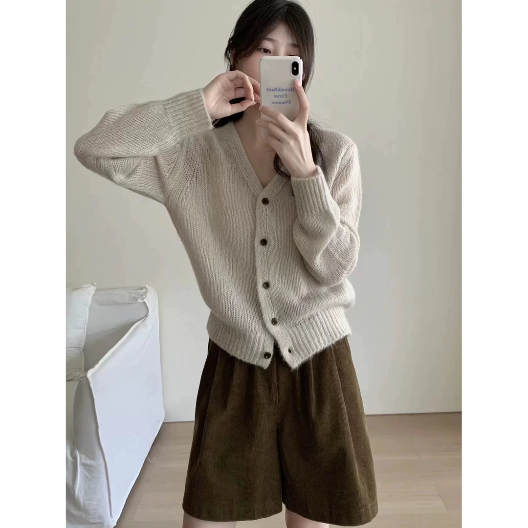 /奶油米开衫/春秋季薄款马海毛镂空针织开衫 衣长52 胸围50 58008