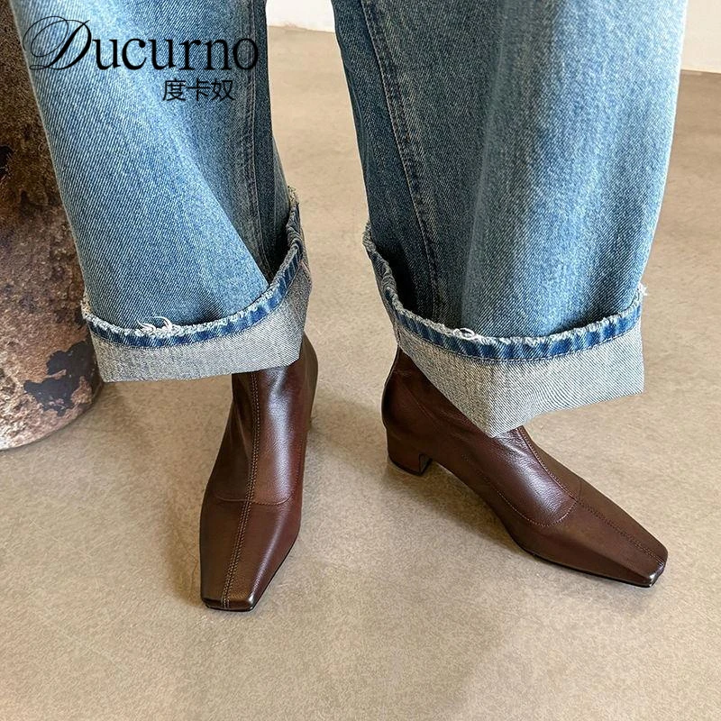 巨软水洗羊皮~！法式真皮秋冬瘦瘦靴中跟小踝靴方头粗跟覆古短靴