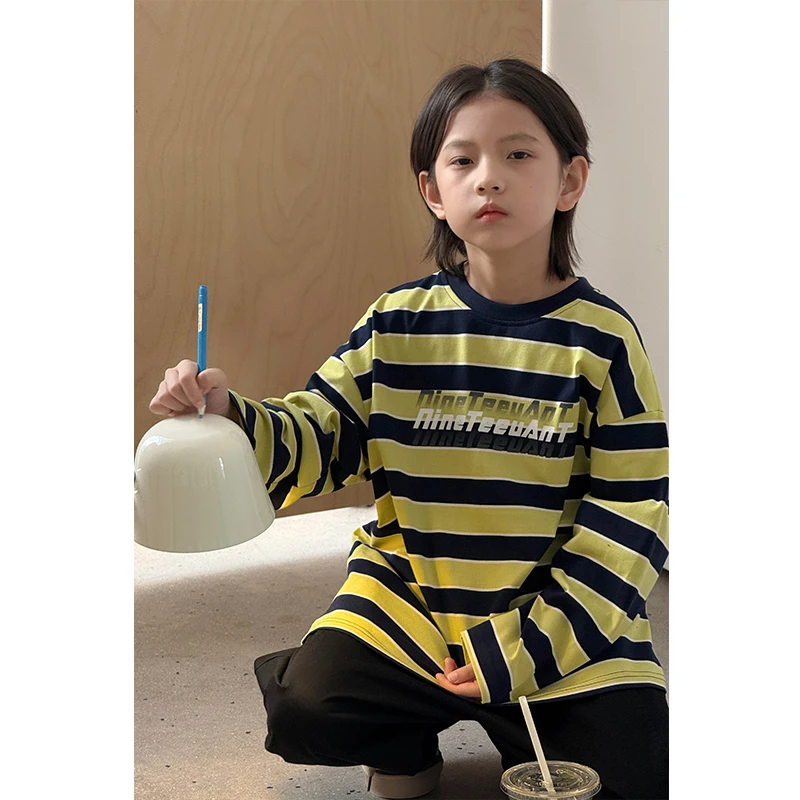 【现货】男童t恤长袖春秋装条纹上衣韩版衣服儿童打底衫2025潮装