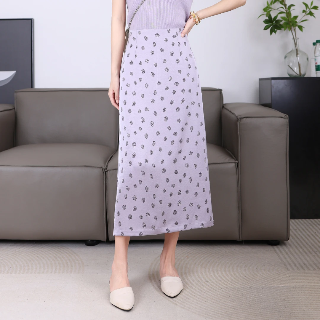 紫色玫瑰碎花半裙夏季2025新款高腰缎面印花裙显瘦a字直筒裙1224