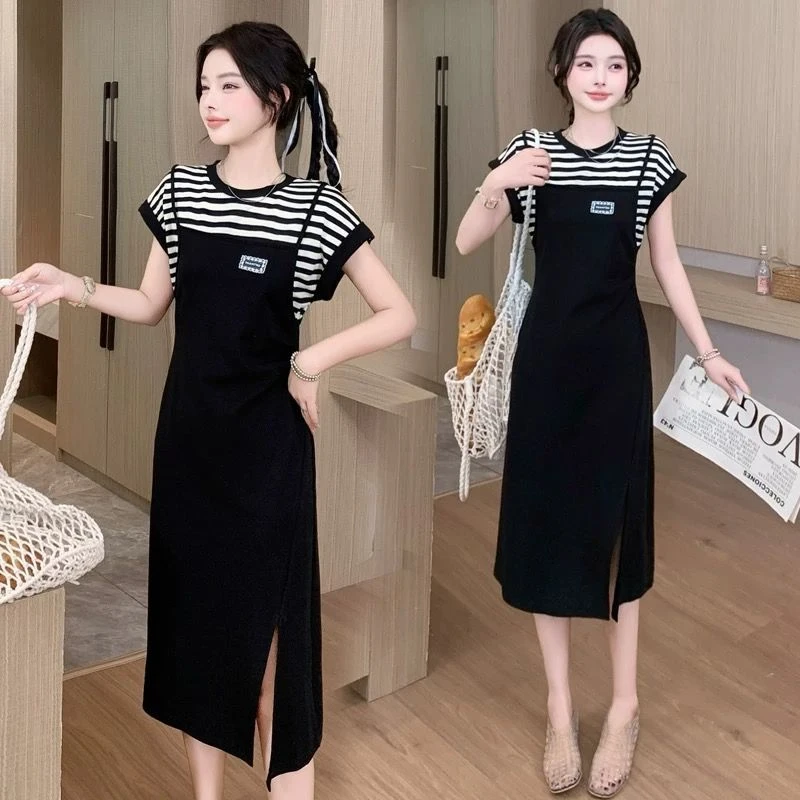 夏季大码女装连衣裙200斤微胖mm宽松显瘦妈妈装中长款假两件a字裙