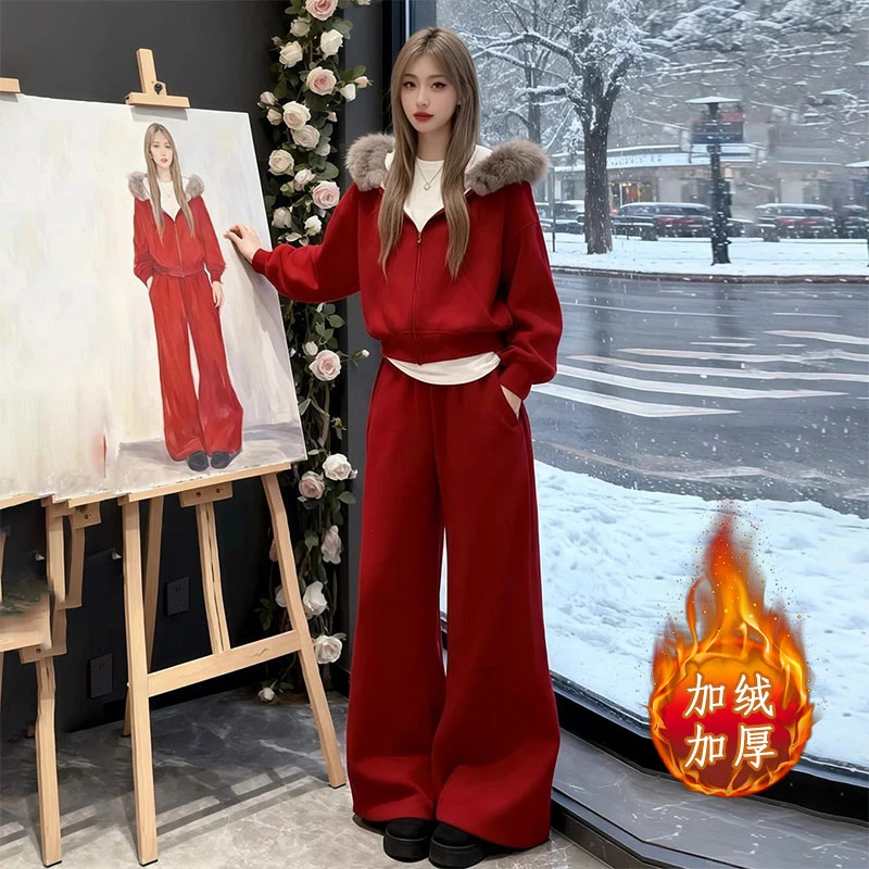拉夏贝尔甜美运动服套装女秋冬加绒加厚连帽卫衣外套休闲两件套潮