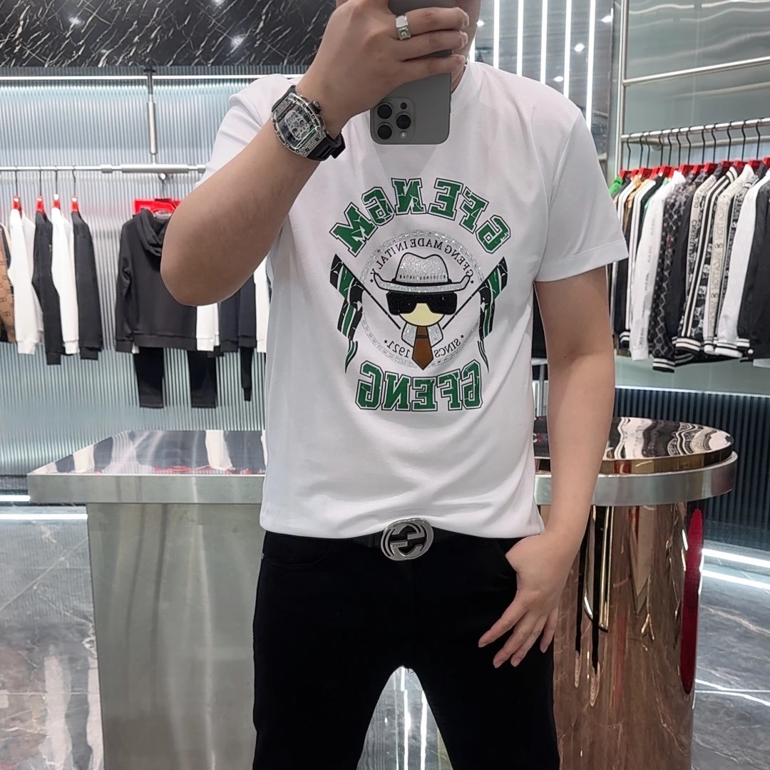 【路易铭城】2025夏季新品欧美潮牌印花烫钻莫代尔短袖T恤男装上衣