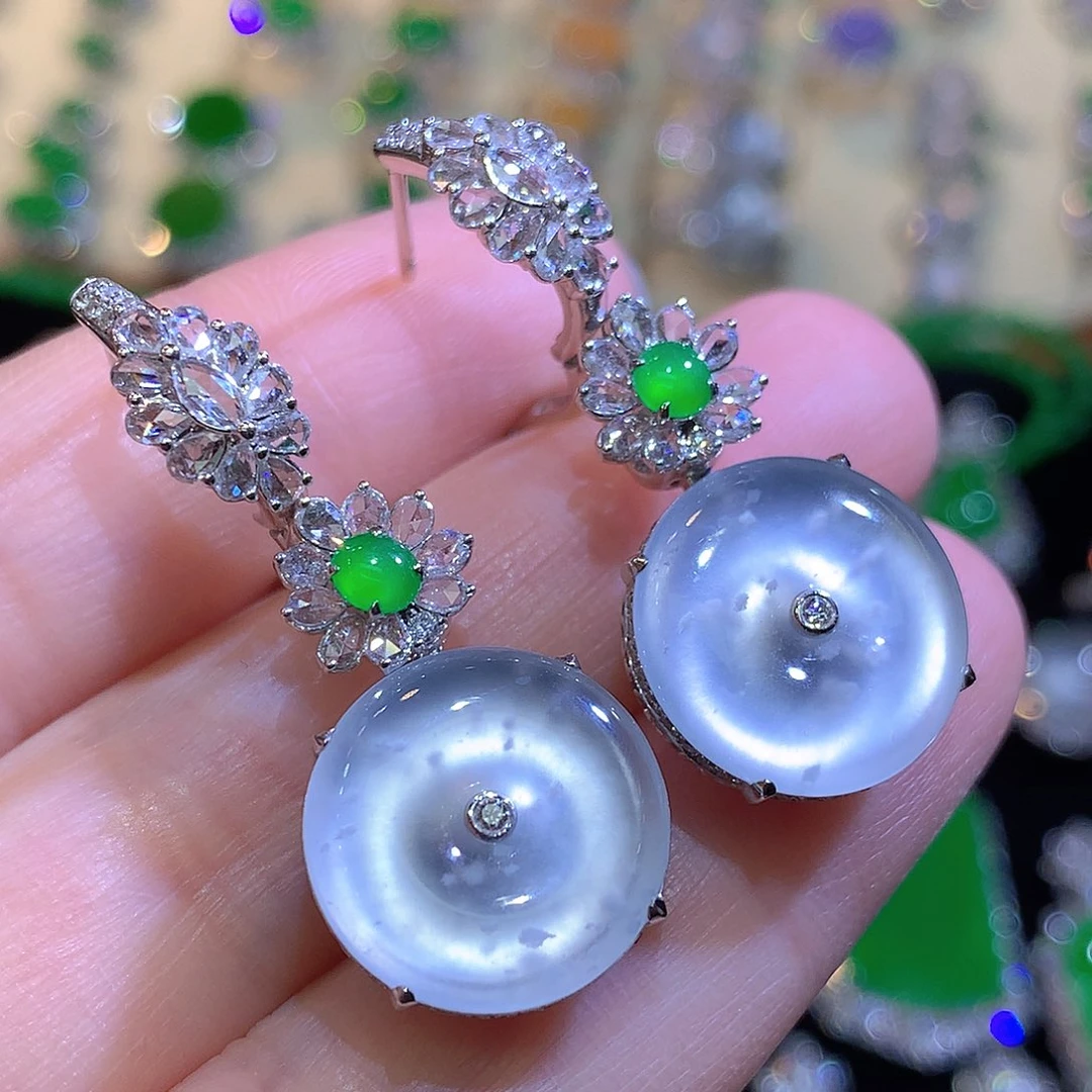 翡翠18K金镶嵌耳饰玻璃种木纳雪花棉平安扣