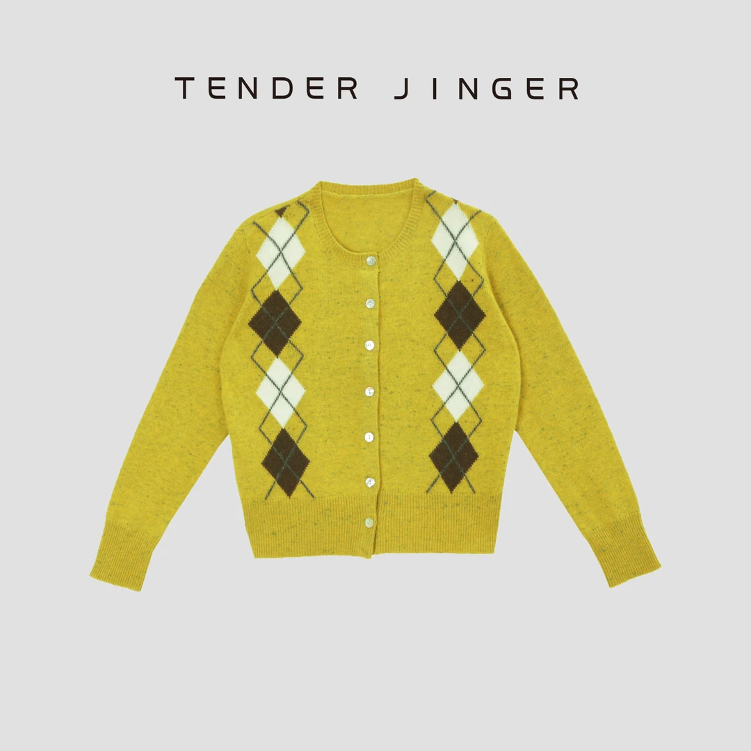 Tender Jinger【英伦学院】菱形格绵羊毛开衫针织外套T53MII41213