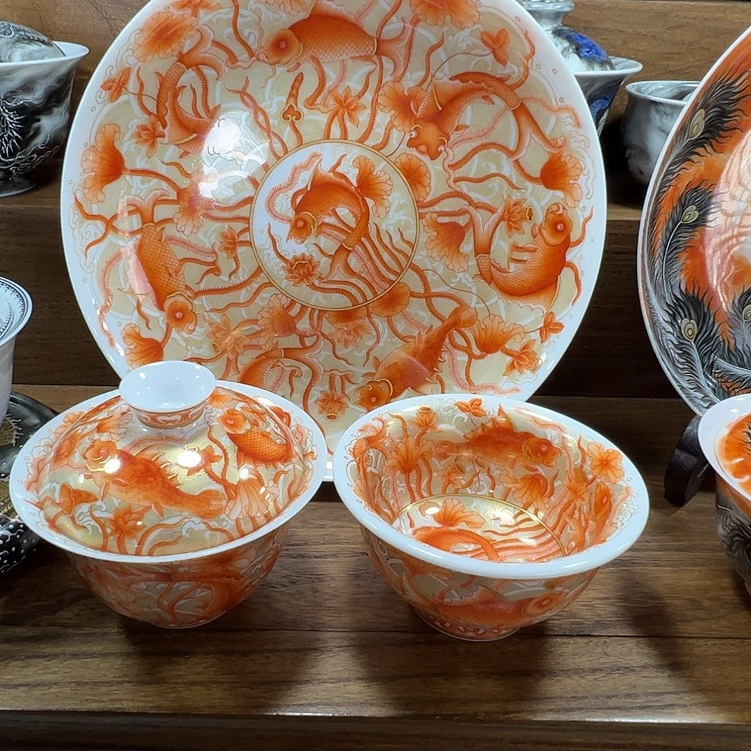 矾红鱼藻描金海水茶器套组