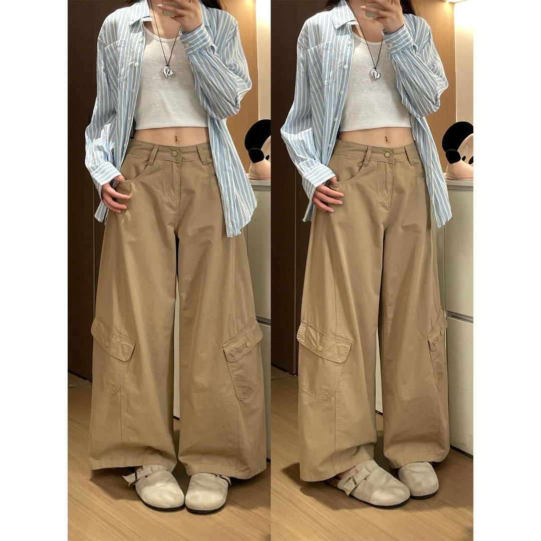 韩系小众设计高腰宽松直筒牛仔裤女秋季大码梨型显瘦松弛感工装裤