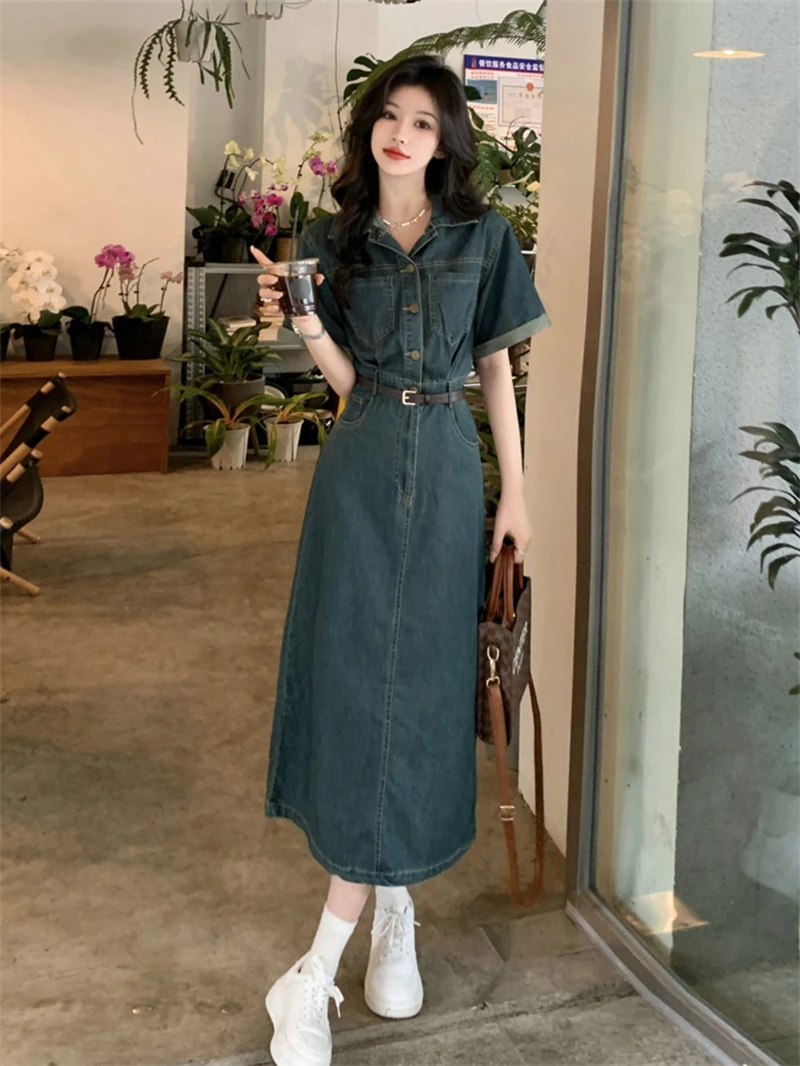 复古深蓝色短袖牛仔连衣裙新款夏季时尚气质小香风收腰显瘦长裙子