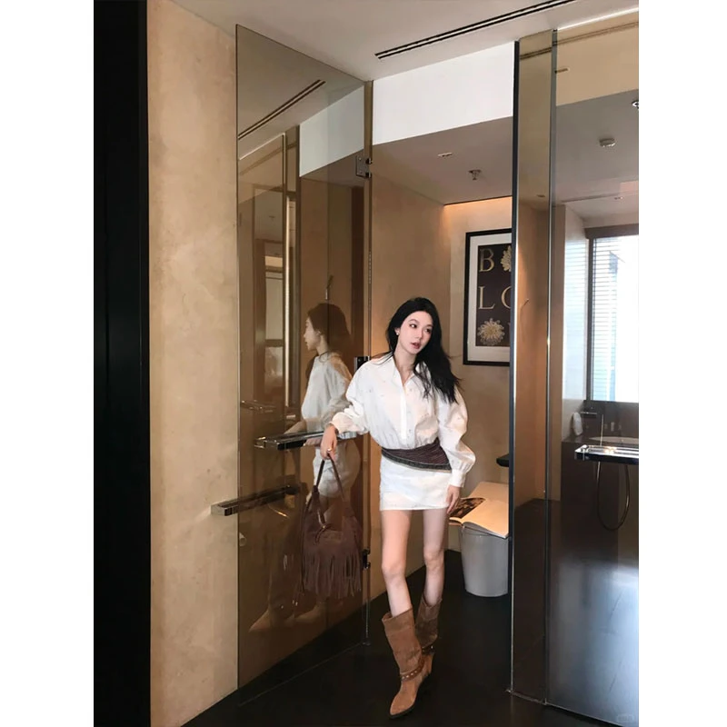 2025春季新款白色衬衫连衣裙女高级感慵懒气质收腰短款包臀裙子