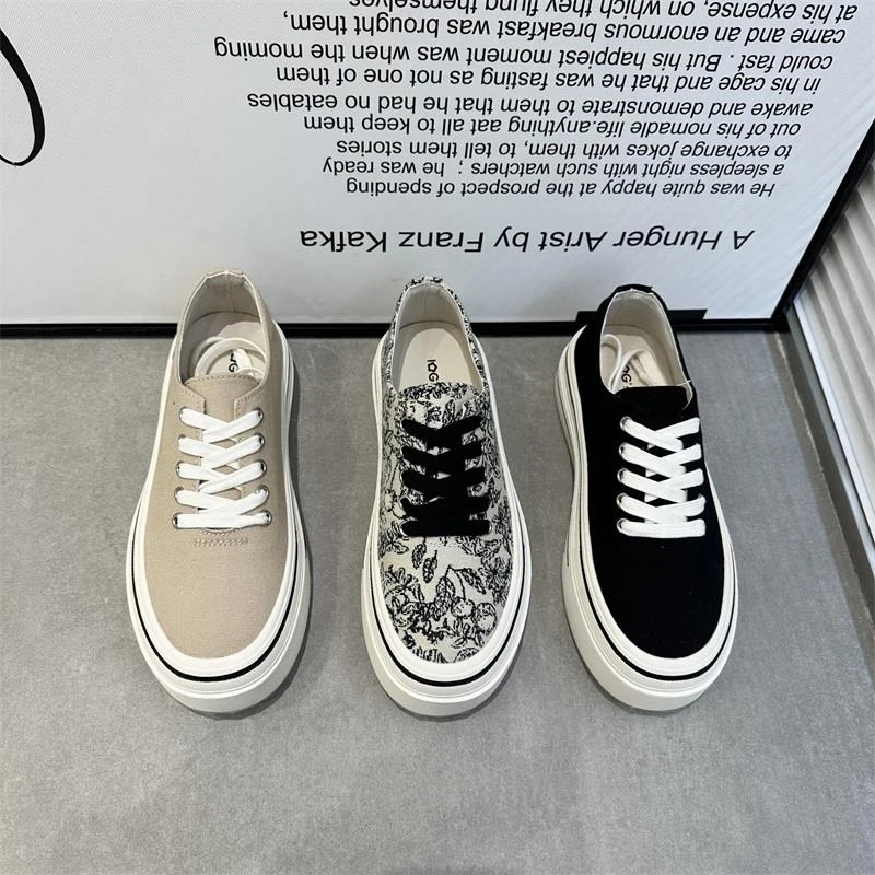 厚底帆布鞋女春季新款乐福鞋系带圆头软底透气运动休闲小白鞋