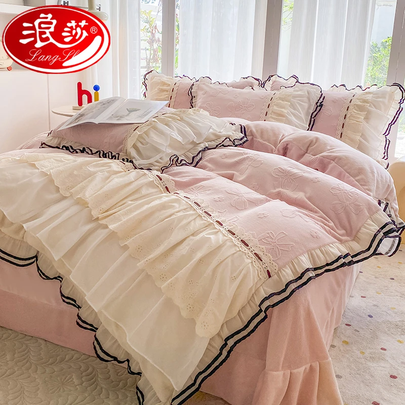 浪莎冬季牛奶绒加绒床上四件套公主风蕾丝双面毛绒珊瑚绒床单被套